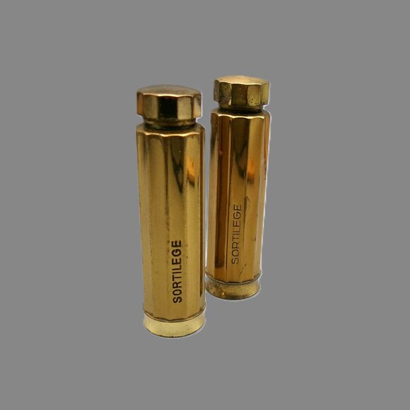 2 Le Galion Sortilège Perfume Bottles, Gold Pocket Travel Flacons, Vtg Empty - Picture 1 of 6